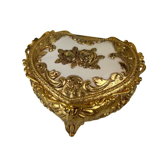 Gold & White Heart Metal Trinket Box Hinged Made in Japan Rose Floral VTG READ - Picture 1 of 16